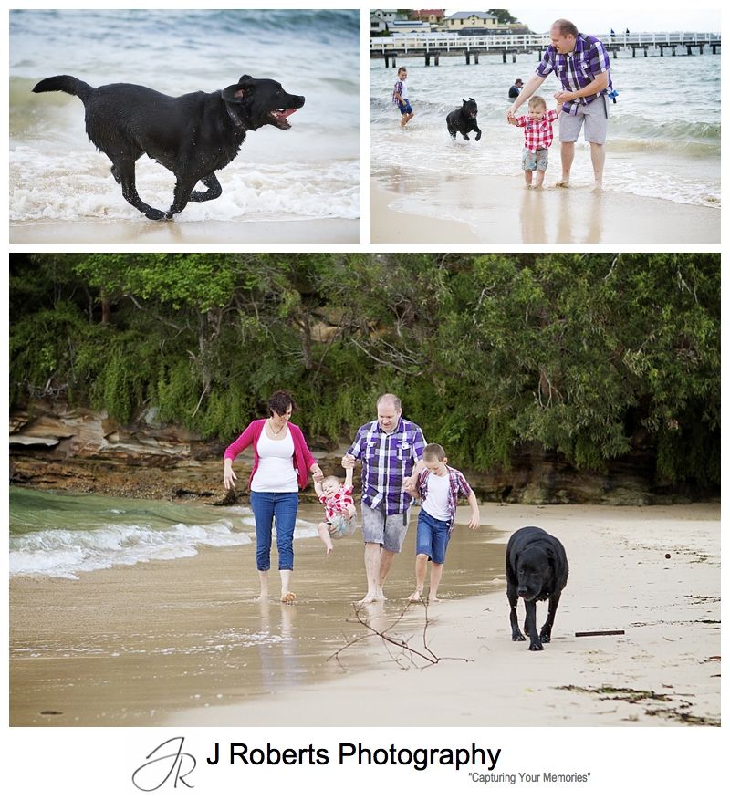 The family dog on the beach with the family for portraits - sydney family portrait photographer 